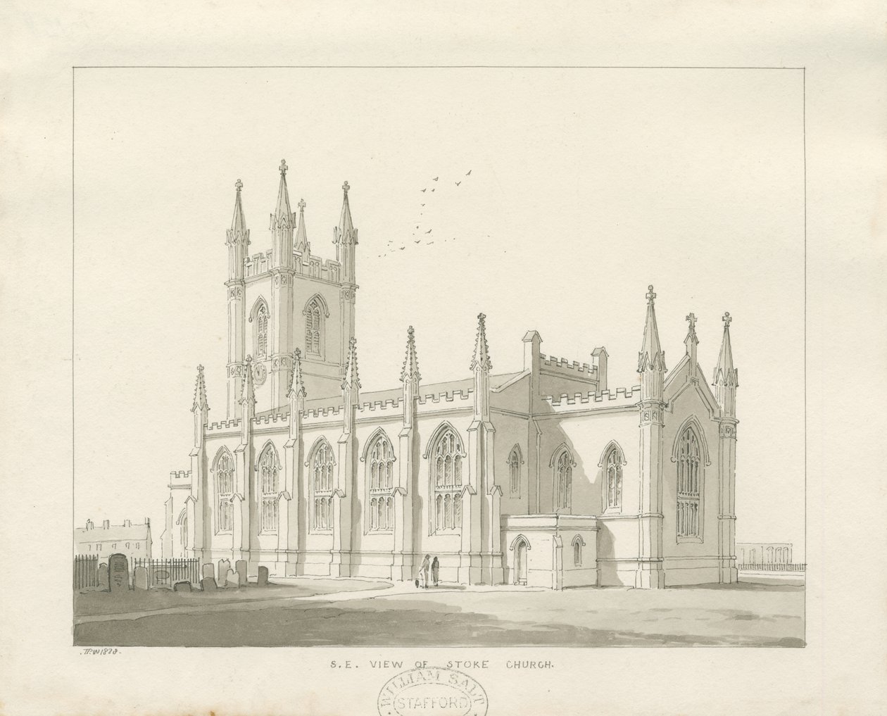 Kostel Stoke-upon-Trent [Nové]: sépiová kresba od Thomas Peploe Wood