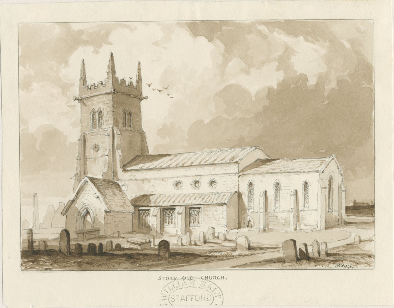 Kostel Stoke-upon-Trent [starý]: sépiová kresba, 1841 od Thomas Peploe Wood