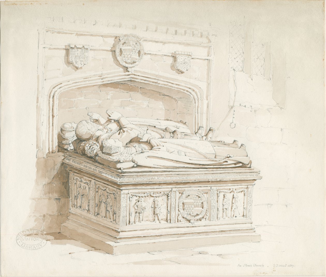 Stowe Church - Stolní hrobka [sira Waltera Devereux]: sépiová kresba od Thomas Peploe Wood