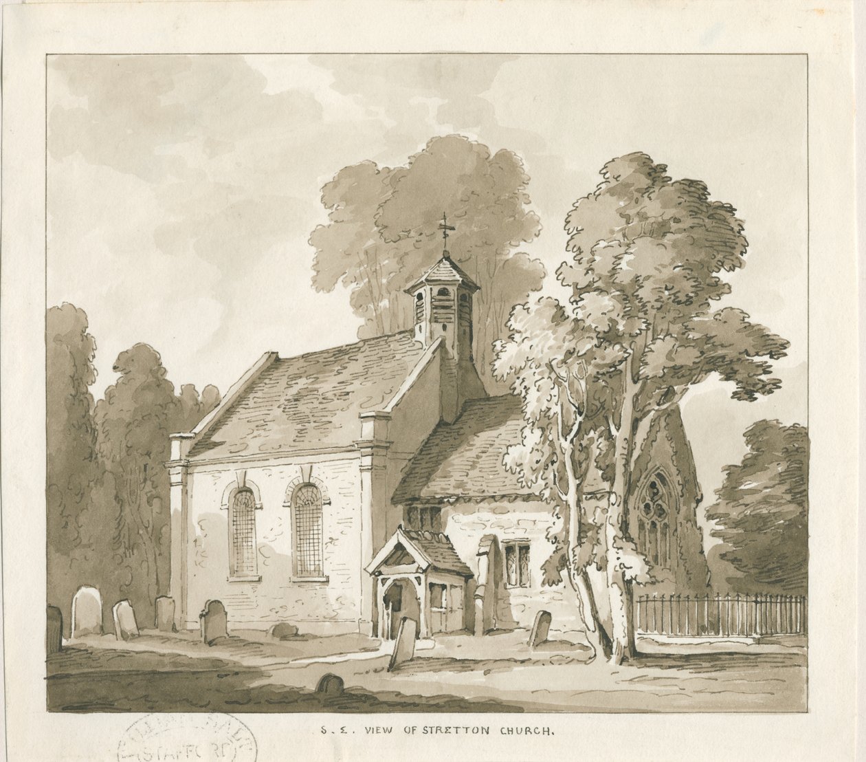 Stretton Church: sépiová lavírovaná kresba, nd [?1838] od Thomas Peploe Wood