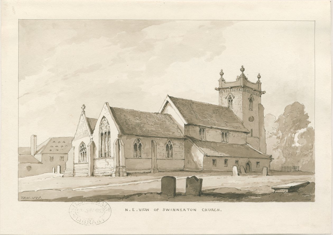 Swynnerton Church: sépiová lavírovaná kresba, 1838 od Thomas Peploe Wood