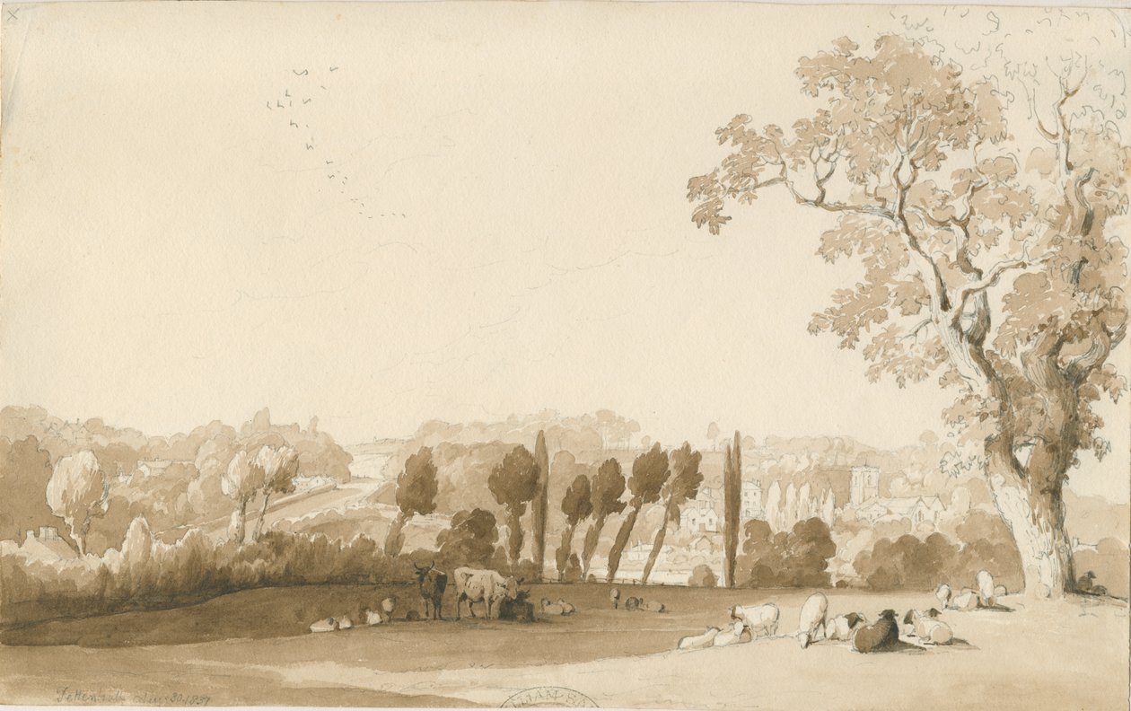Tettenhall - Pohled do dálky z jihovýchodu: kresba tužkou a lavírováním, 30. srpna 1837 od Thomas Peploe Wood