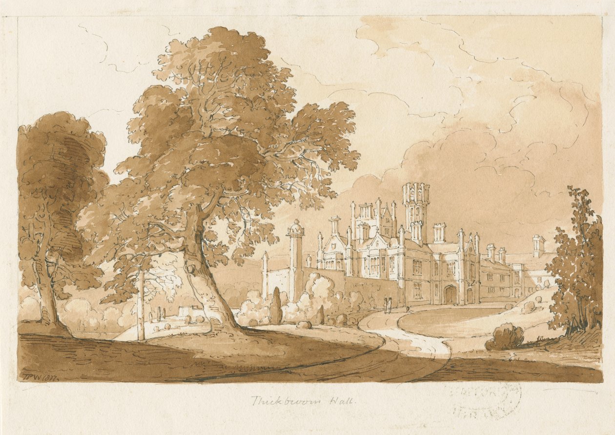 "Thickbroom Hall" [Manley Hall]: sépiová kresba, 1837 od Thomas Peploe Wood