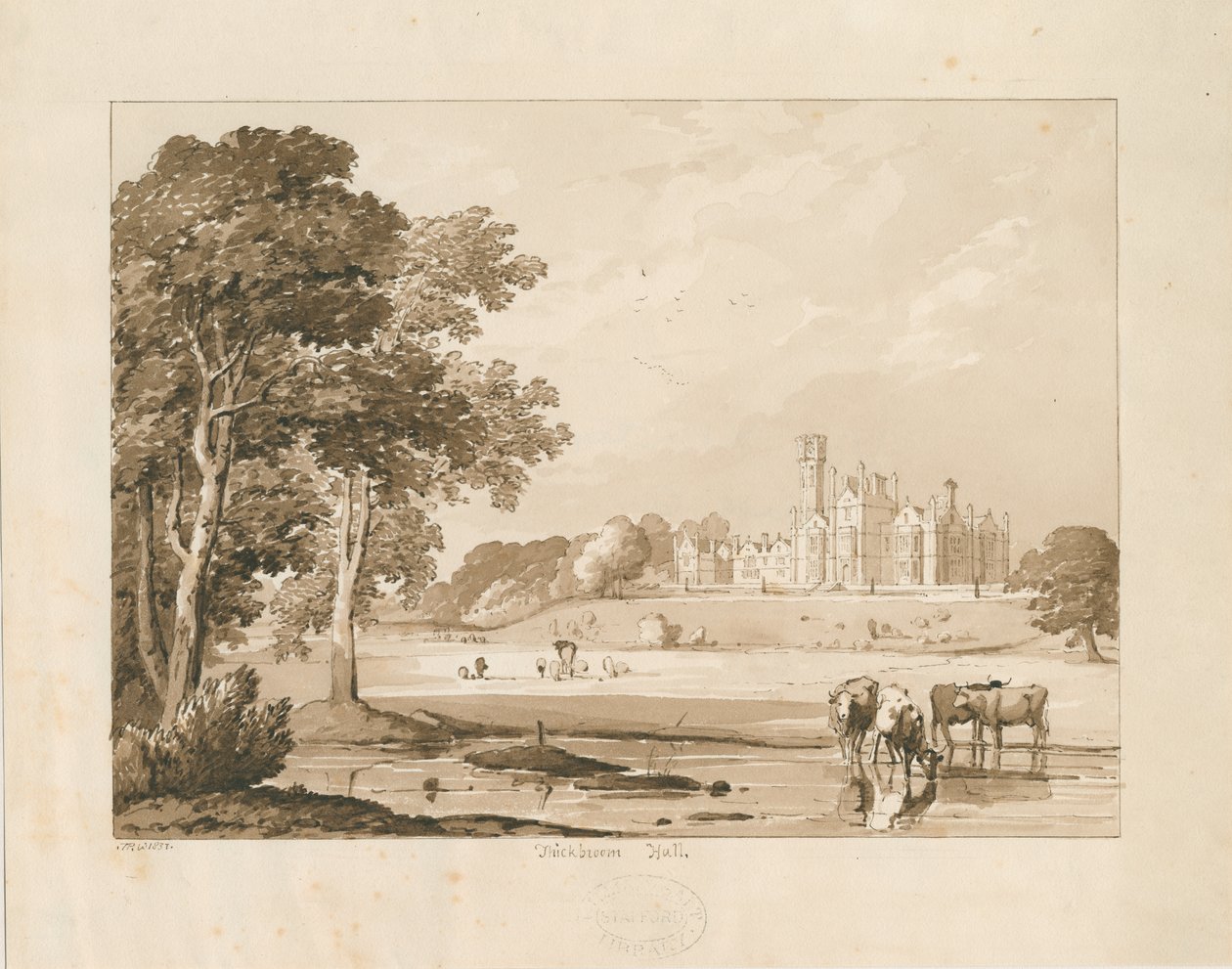 "Thickbroom Hall" [Manley Hall]: sépiová kresba, 1837 od Thomas Peploe Wood