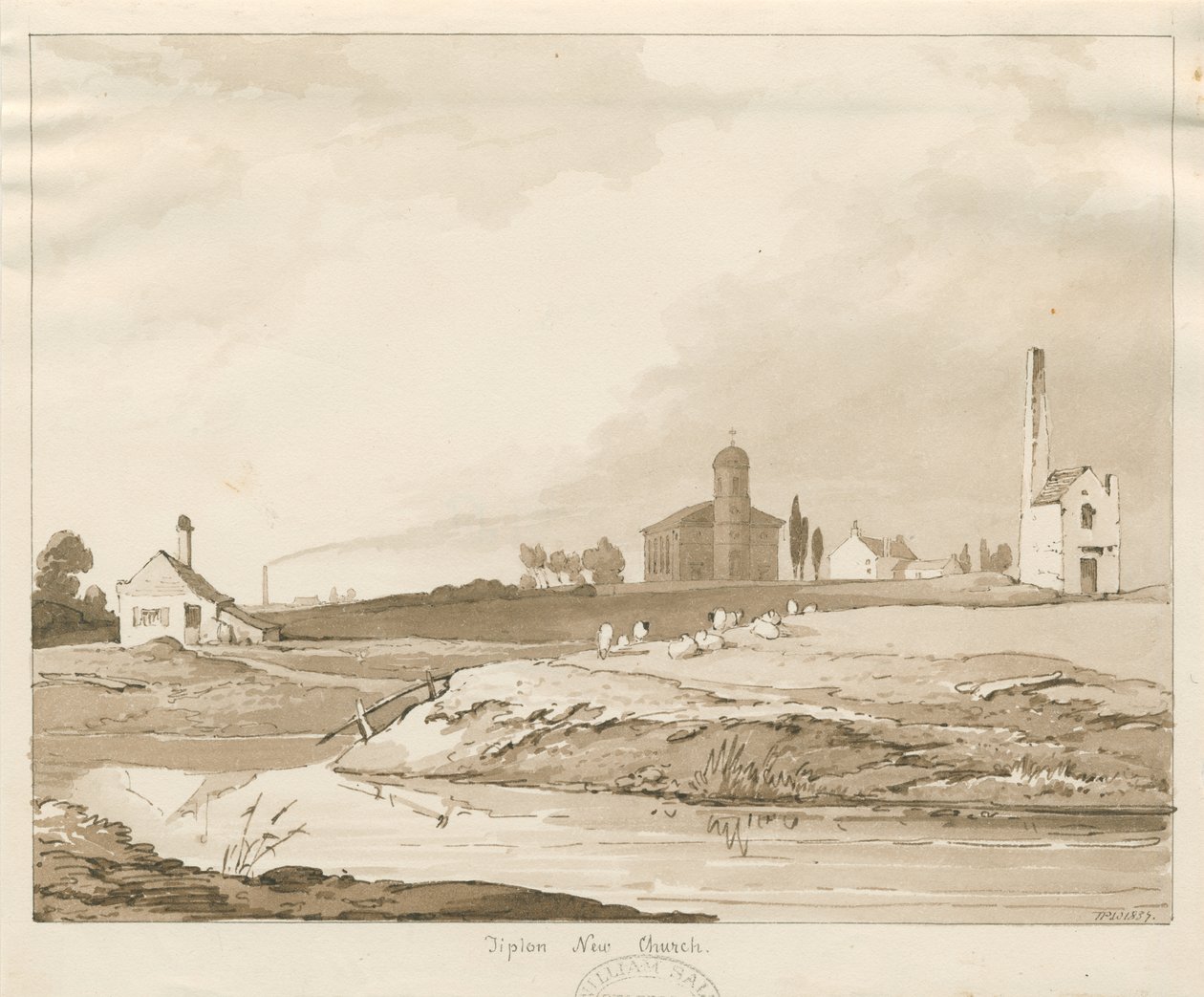Tipton New Church: sépie lavírovaná kresba od Thomas Peploe Wood