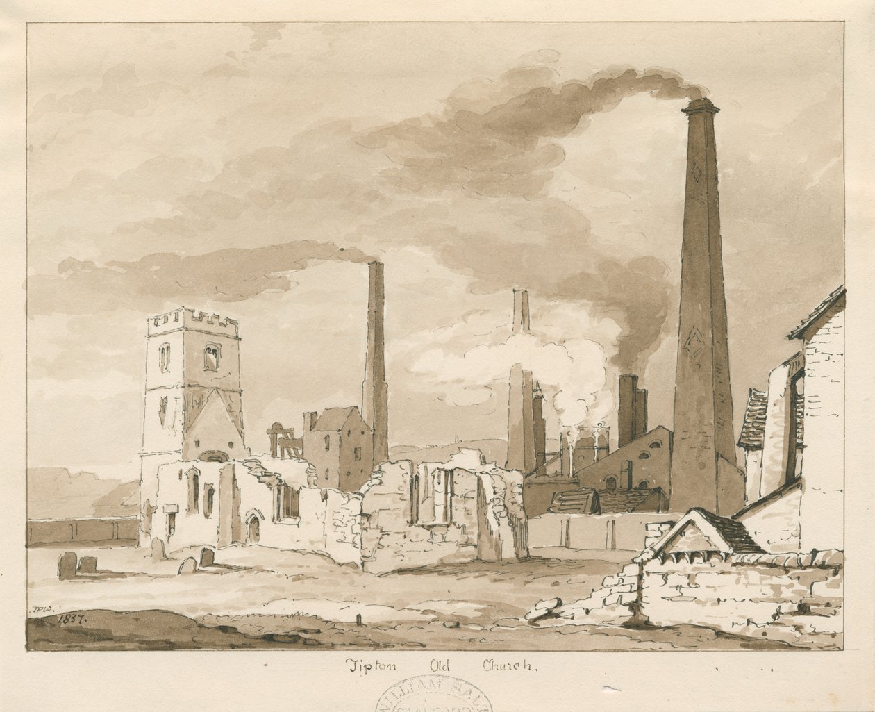 Tipton Old Church: sépiová lavírovaná kresba, 1837 od Thomas Peploe Wood