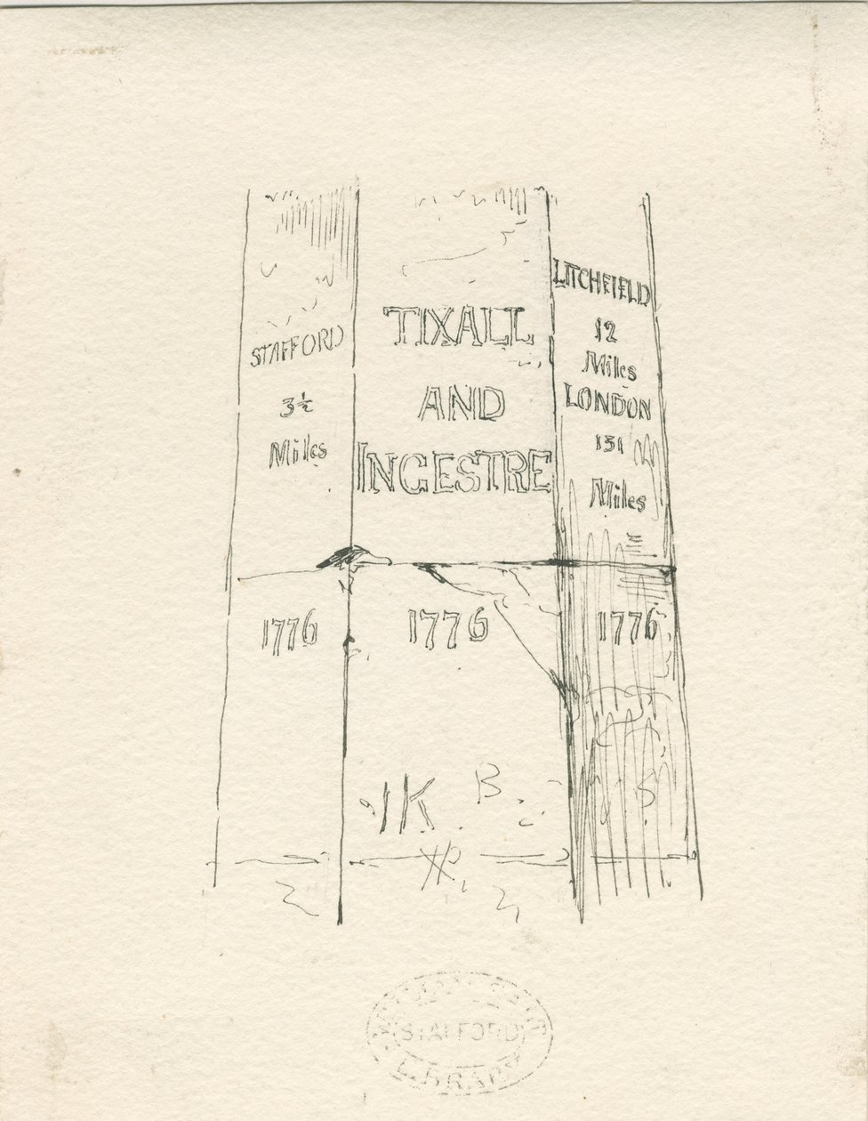 Tixall – Kamenný sloup zobrazující najeté kilometry: kresba perem a tuší, nd [polovina 19. století] (kresba) od Thomas Peploe Wood