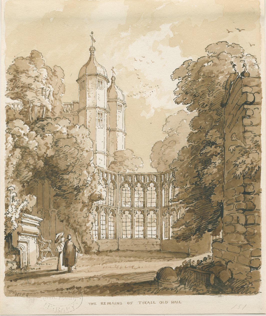 Tixall Hall: perokresba, 1838 od Thomas Peploe Wood