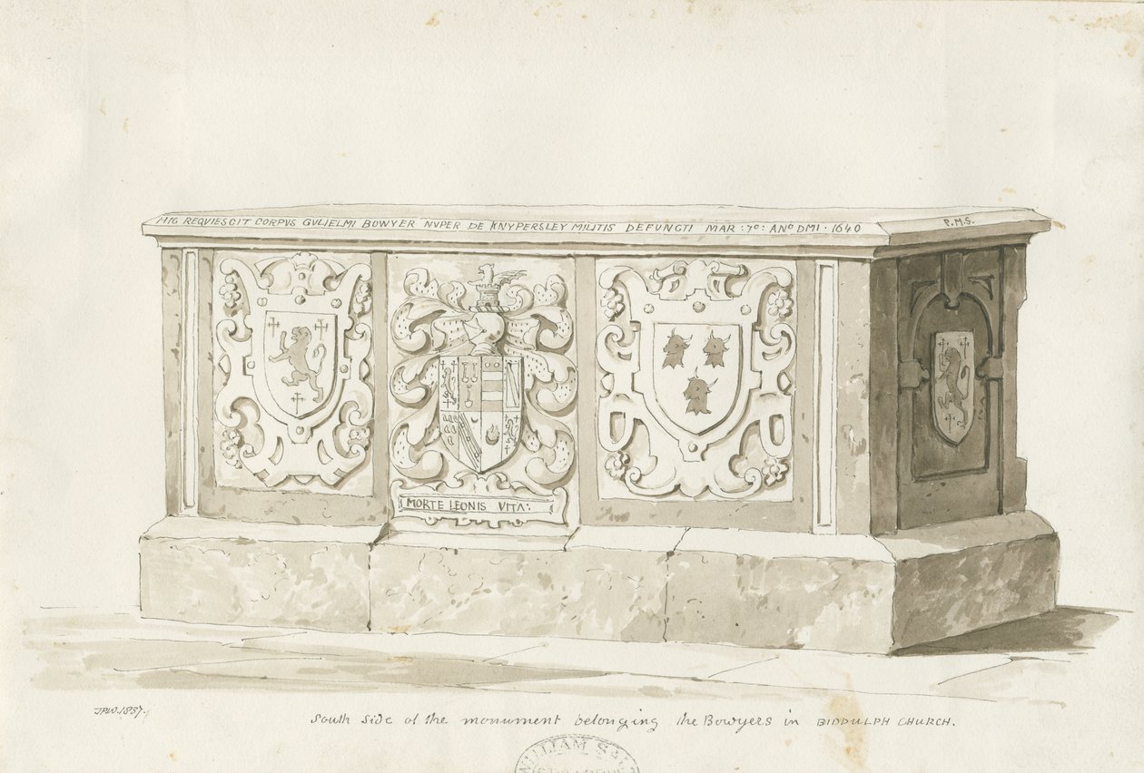 Hrob v Biddulph Church - William Bowyer: sépiová kresba od Thomas Peploe Wood