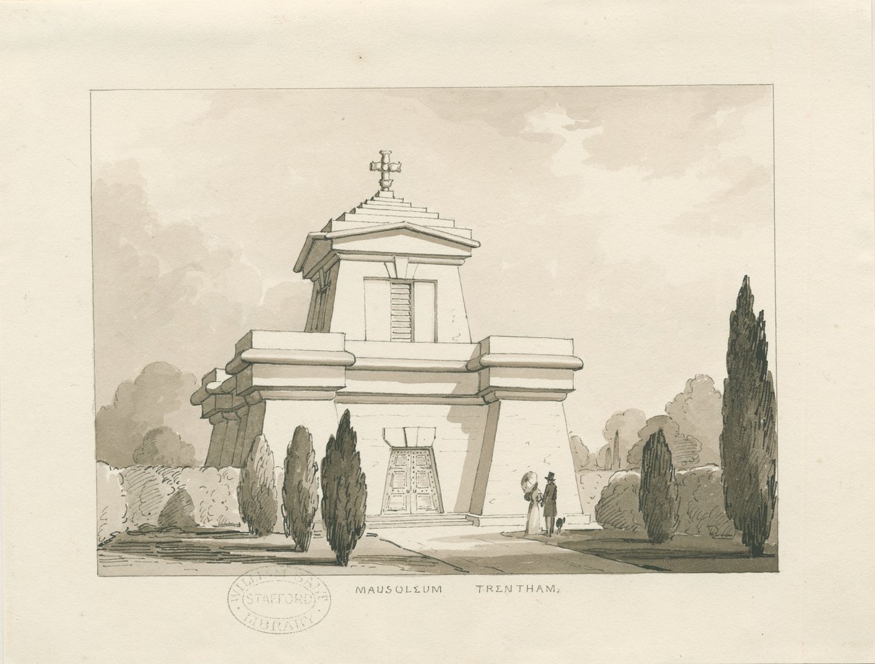 Trentham - Mauzoleum: pero a lavírovaná kresba, nd [? 1838] (kresba) od Thomas Peploe Wood