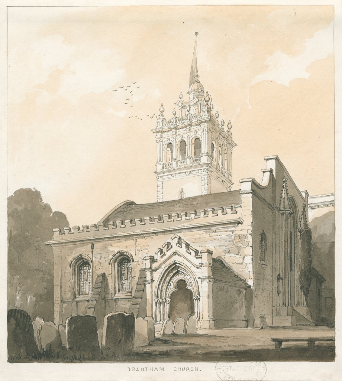 Trentham Church: sépie a žlutá lavírovaná kresba, nd [? 1838] od Thomas Peploe Wood