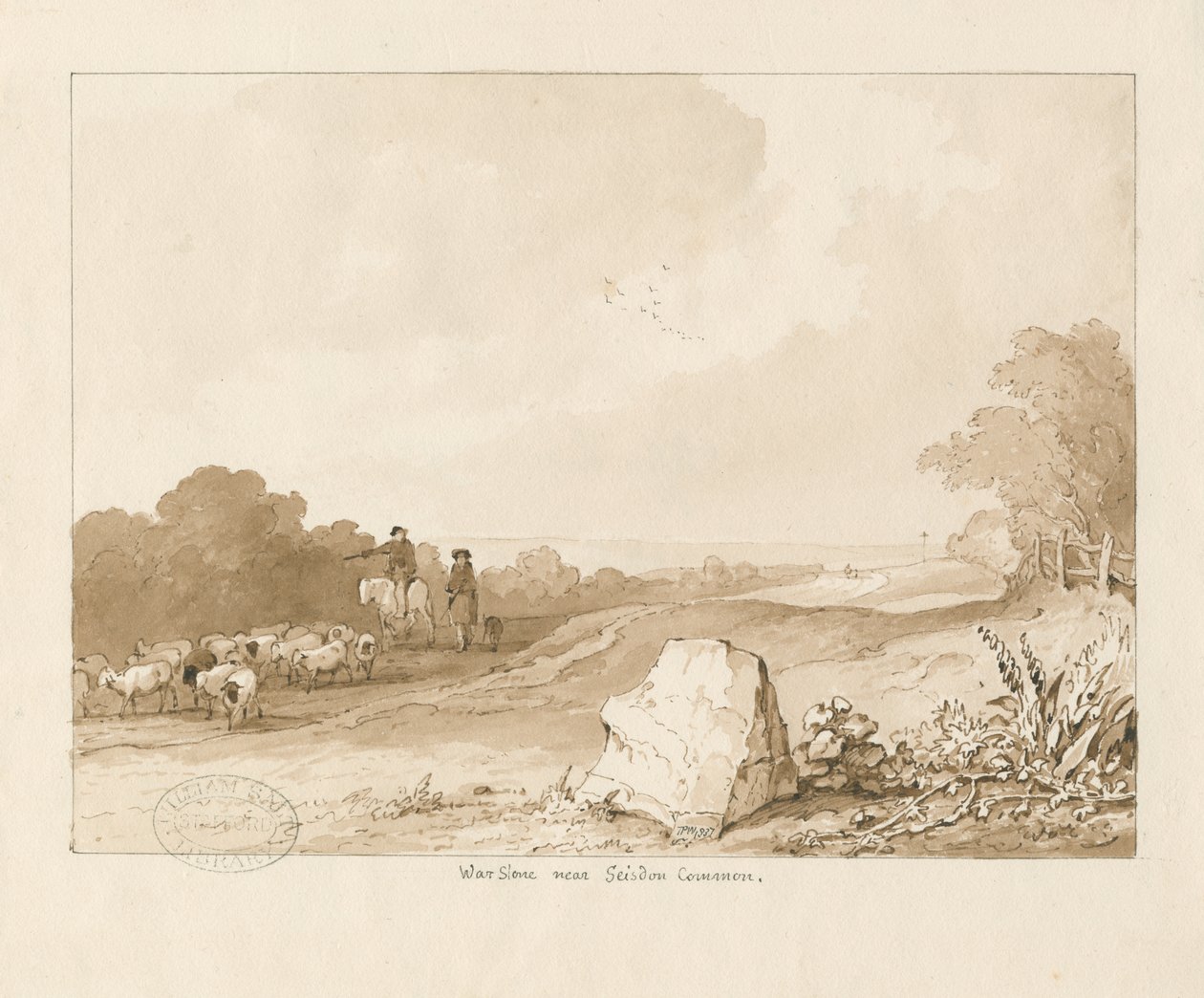 Trysull - "War Stone near Seisdon Common": pero a sépie lavírovaná kresba, 1837 od Thomas Peploe Wood