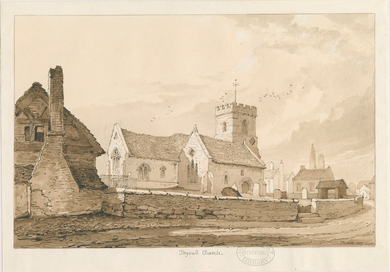 Trysull Church: kresba perem a sépií od Thomas Peploe Wood