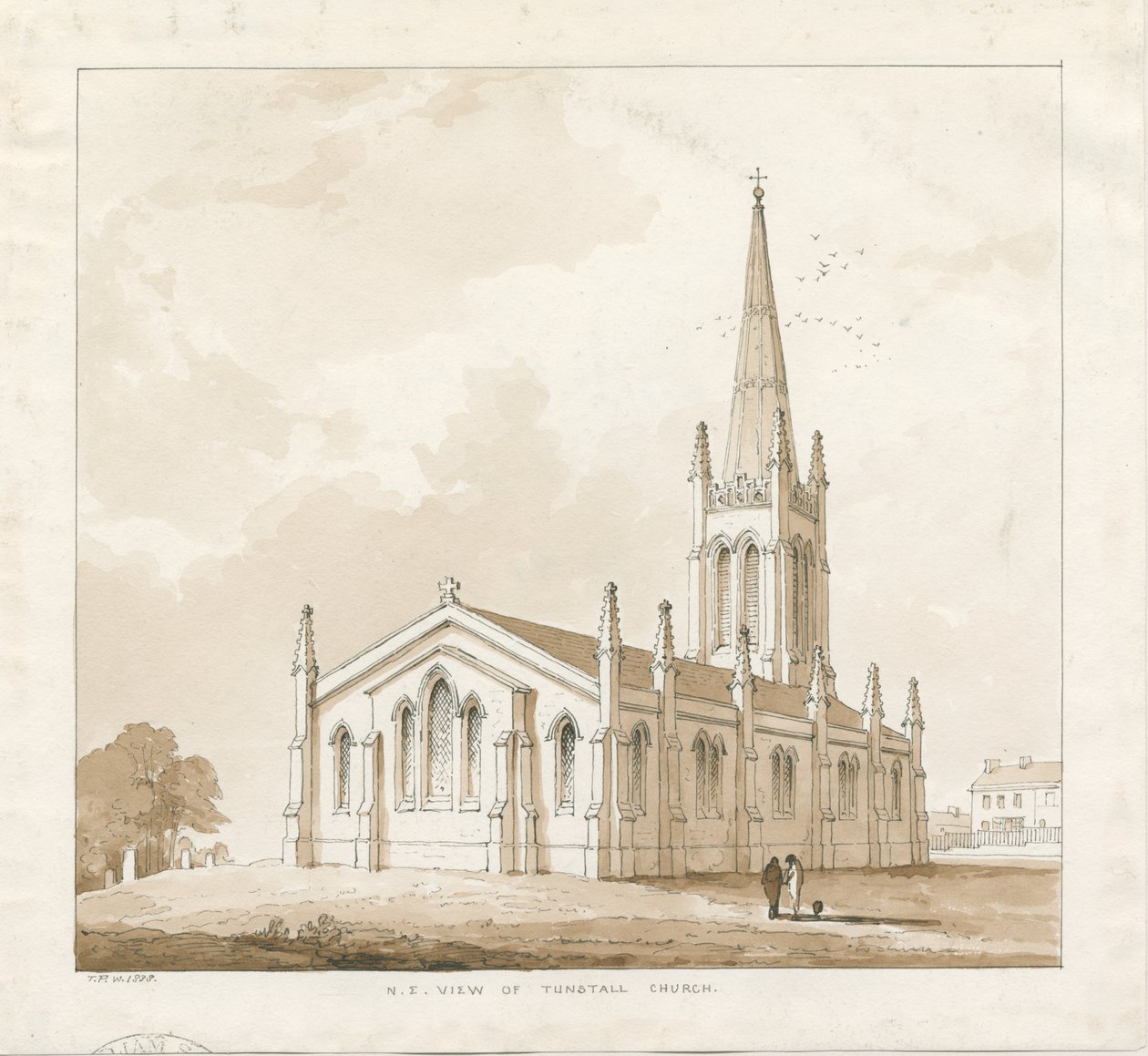 Tunstall Church: perokresba, 1838 od Thomas Peploe Wood