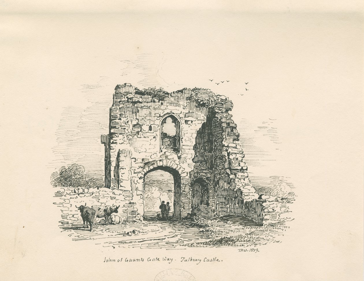 Hrad Tutbury – Brána Jana z Gaunta: kresba perem a tuší, 1839 od Thomas Peploe Wood
