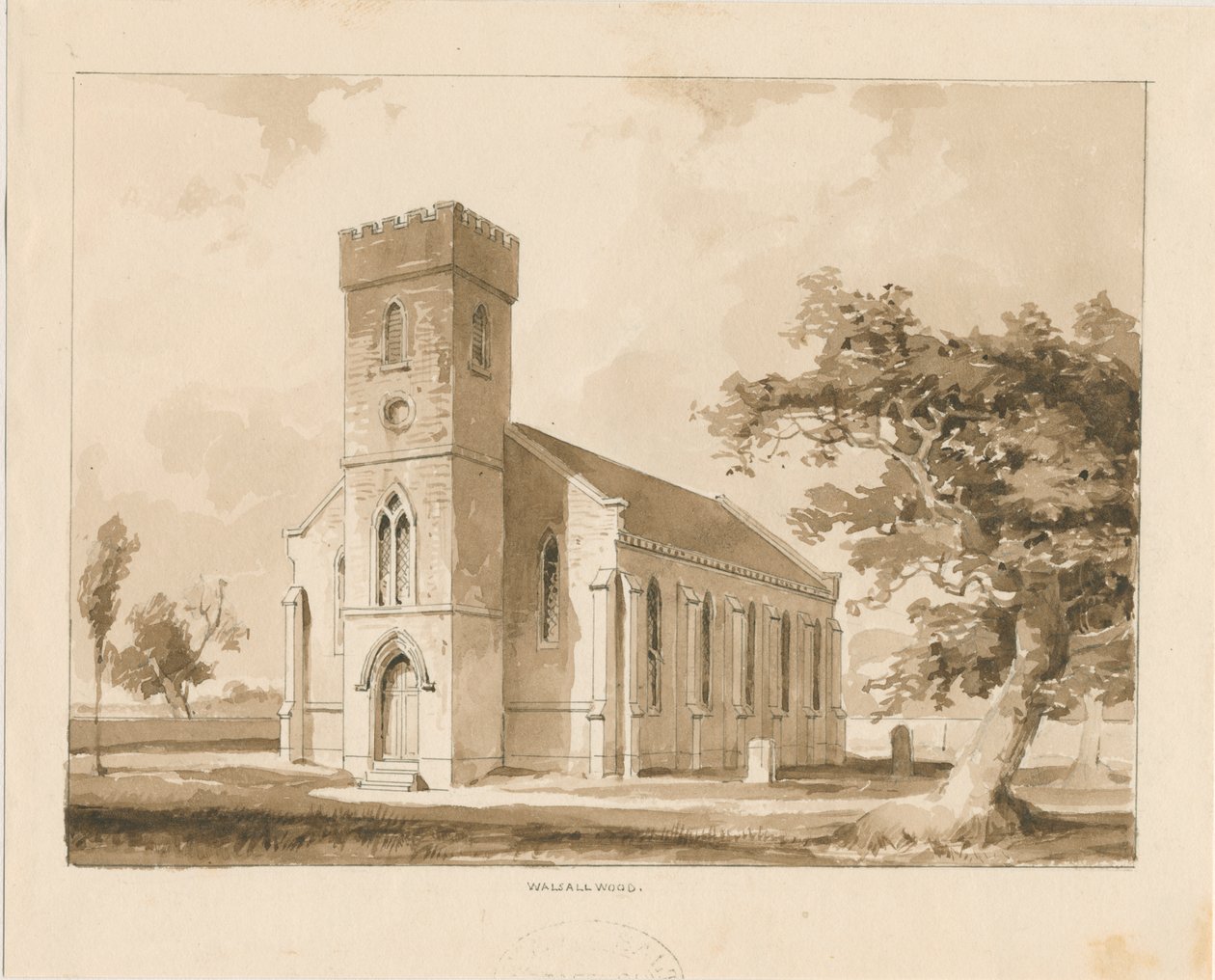 Walsall Wood Church: sépiová kresba, nd [1817-1845] (kresba) od Thomas Peploe Wood