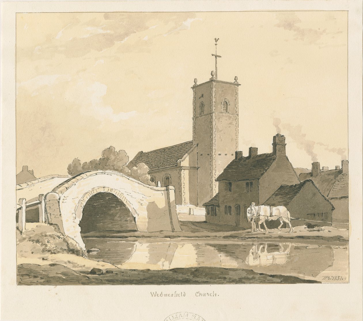 Wednesfield Church and Bridge: sépiová kresba, 1837 od Thomas Peploe Wood