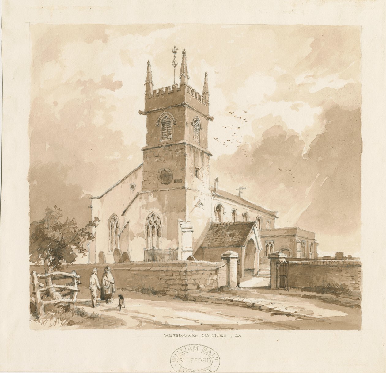 West Bromwich Church ["Starý"]: kresba tužkou a lavírováním, nd [1841, srov. XII.16b a WSL, D1986/3] od Thomas Peploe Wood