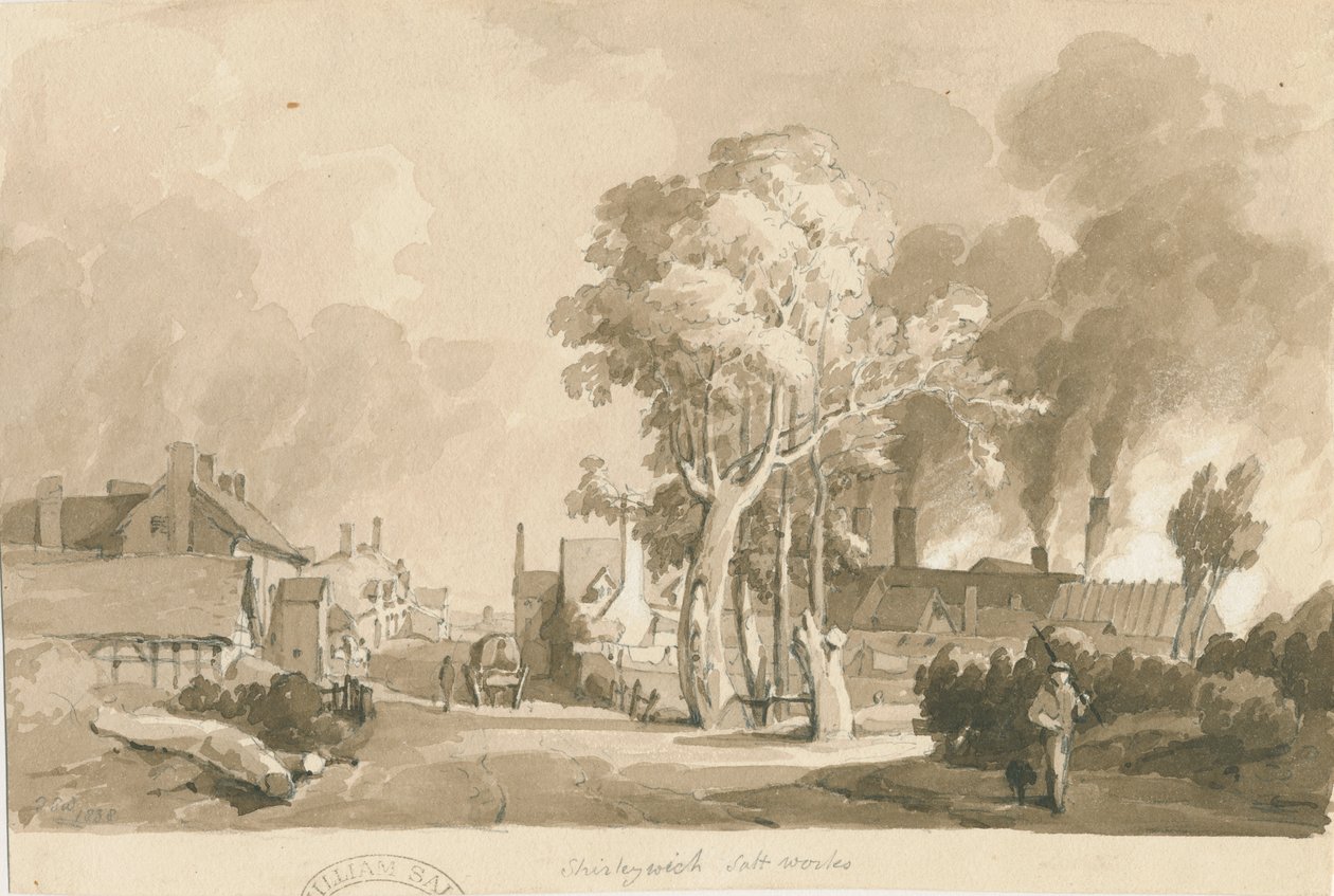 Weston-on-Trent - Shirleywich Saltworks: sépiová kresba, 1838 od Thomas Peploe Wood