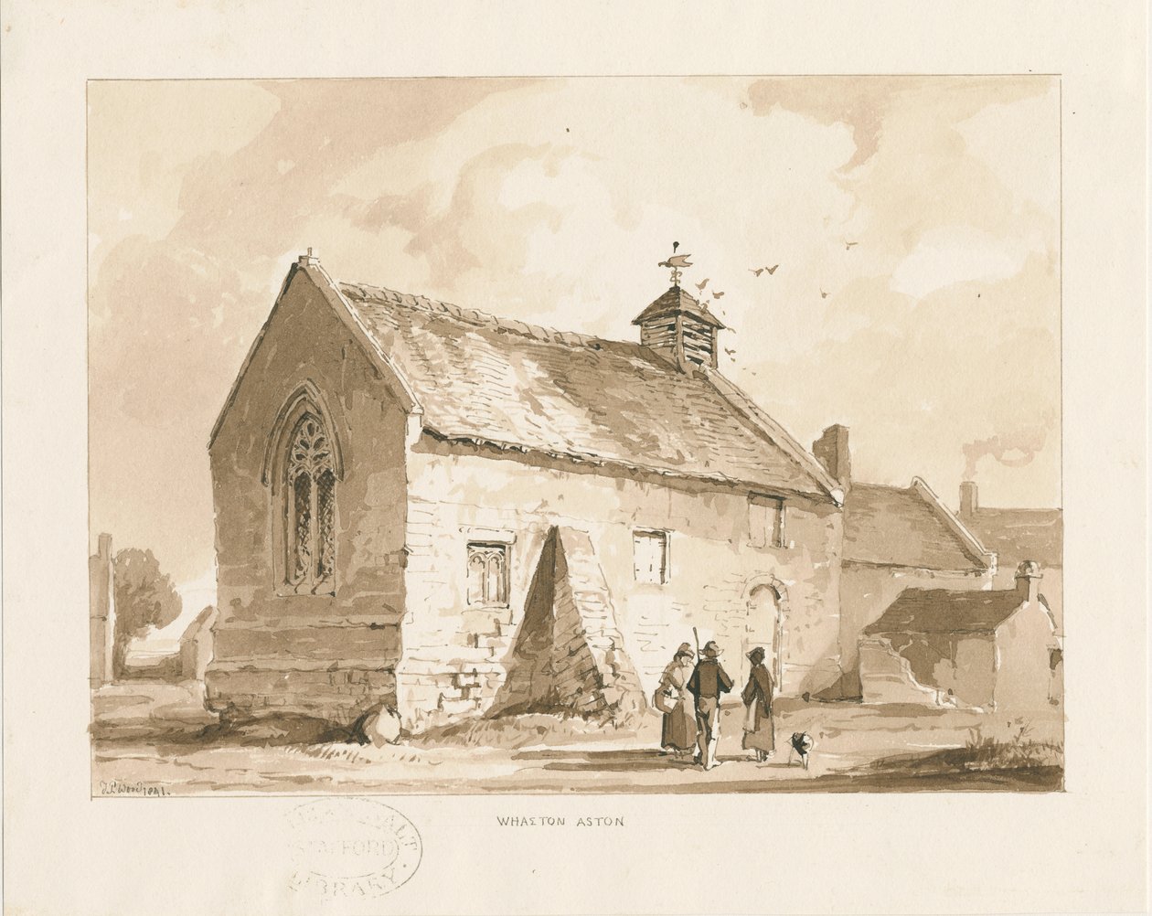 Wheaton Aston Chapel: sépiová lavírovaná kresba, 1841 od Thomas Peploe Wood