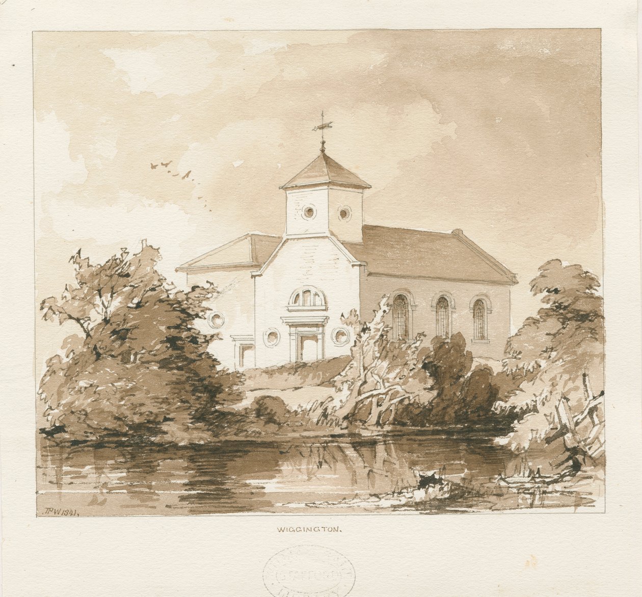Wigginton Church: sépiová lavírovaná kresba, 1841 od Thomas Peploe Wood