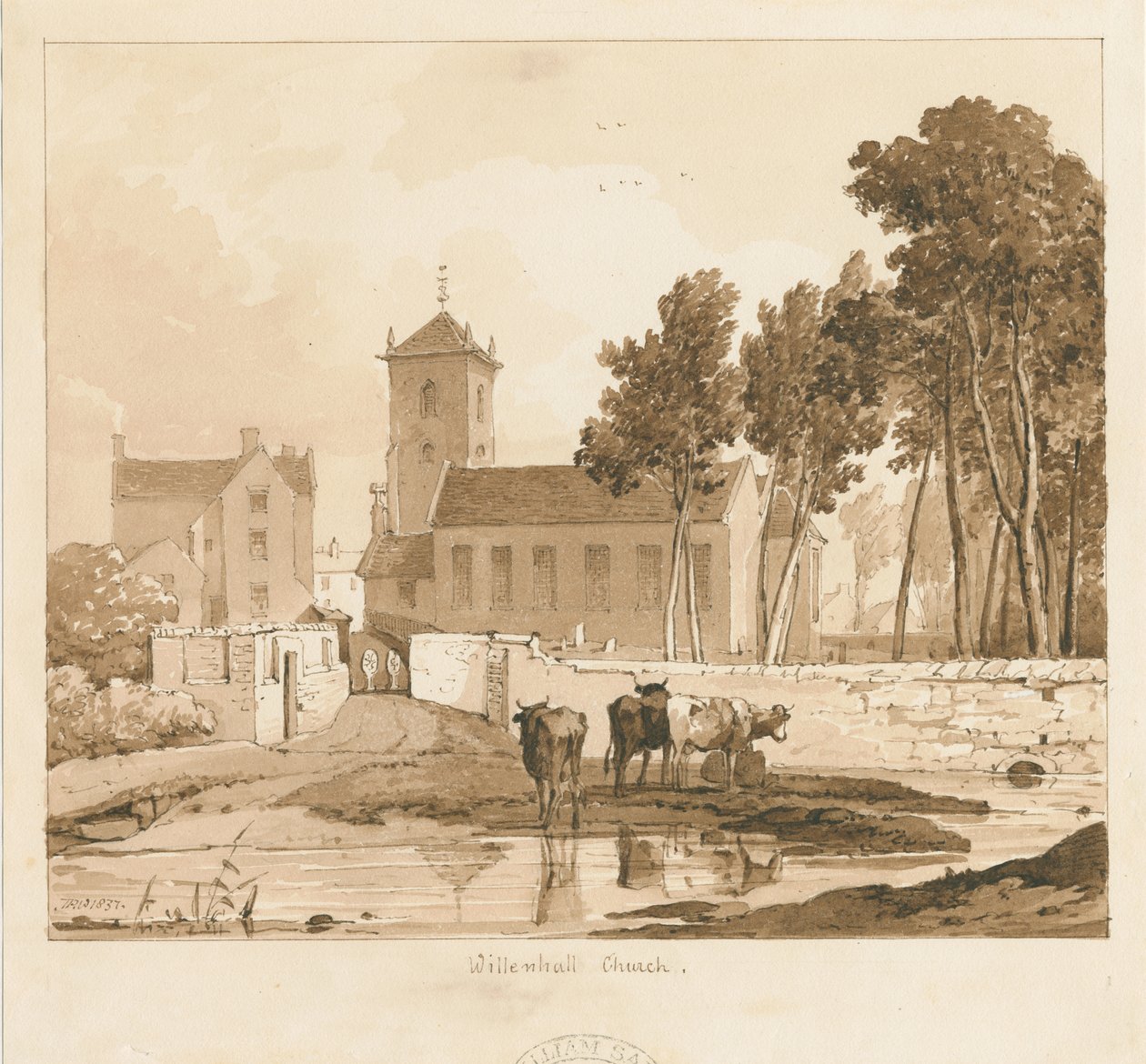 Willenhall Church: sépiová kresba, 1837 od Thomas Peploe Wood