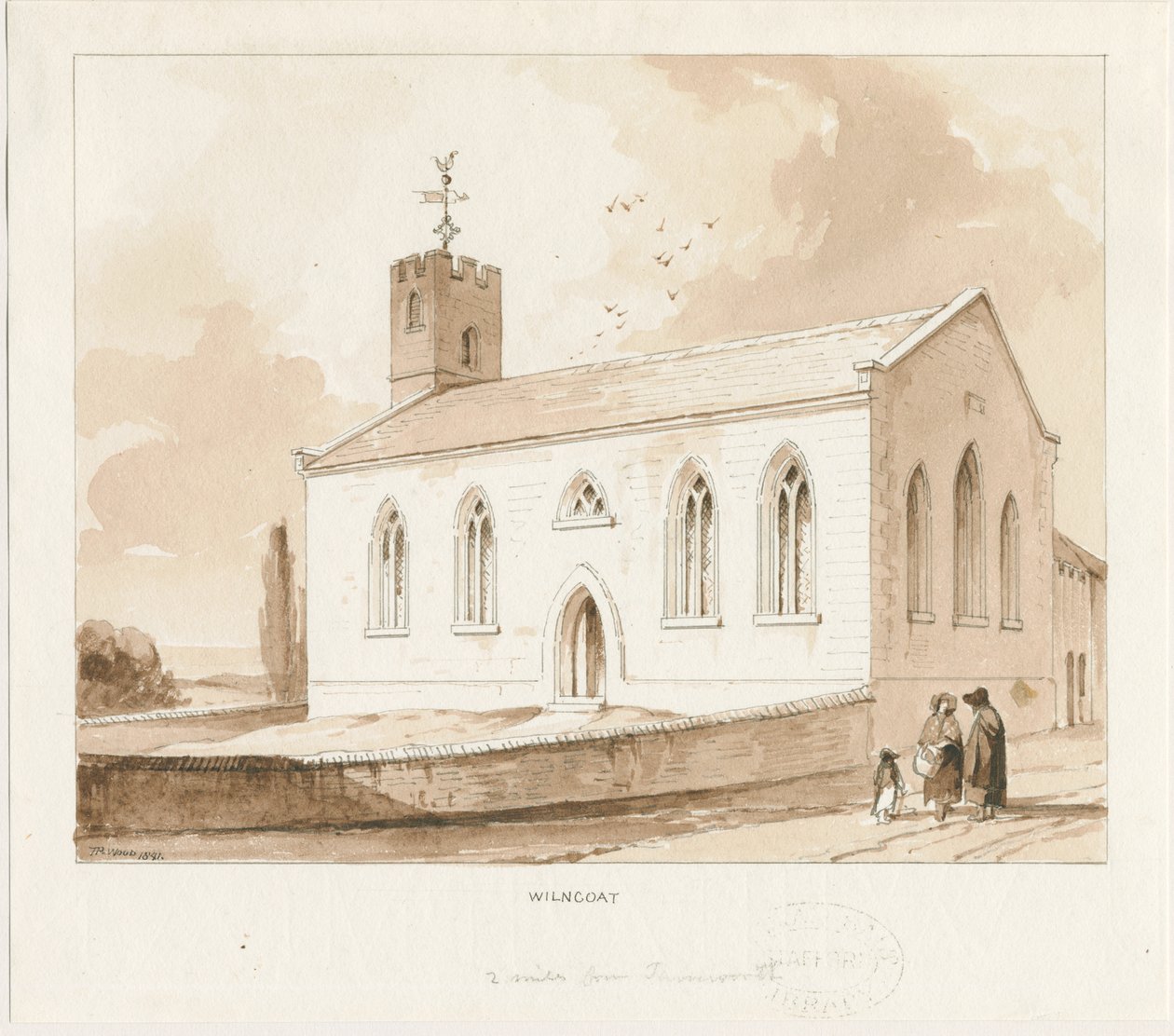 Wilnecote Church: sépie lavírovaná kresba od Thomas Peploe Wood