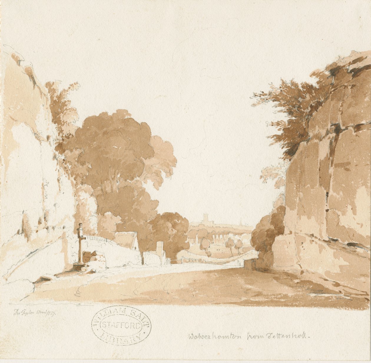 Wolverhampton - Pohled do dálky z Tettenhallu: sépiová kresba, 1837 od Thomas Peploe Wood