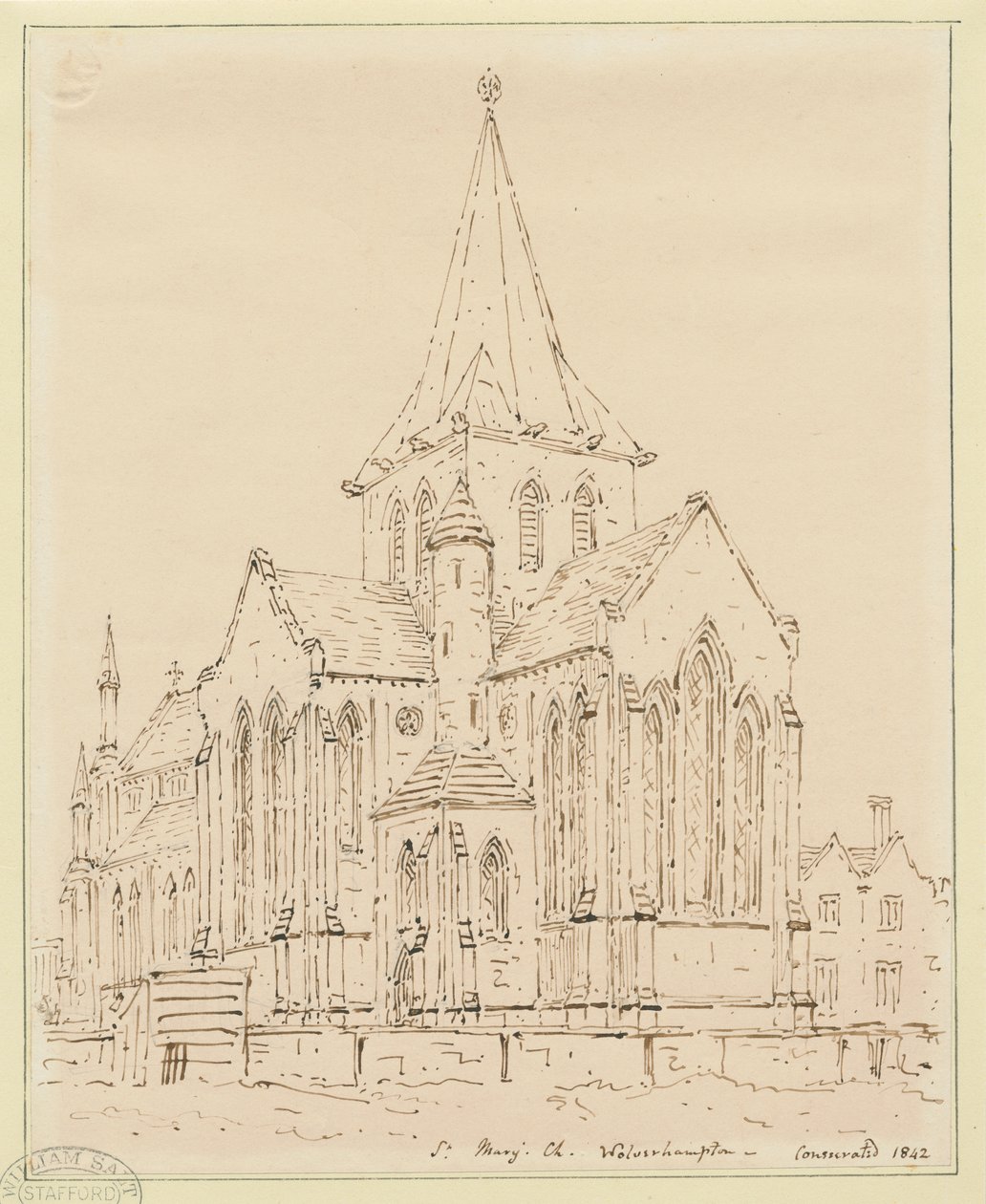 Wolverhampton – Kostel sv. Marie: kresba perem a [?polovina 19. století] od Thomas Peploe Wood