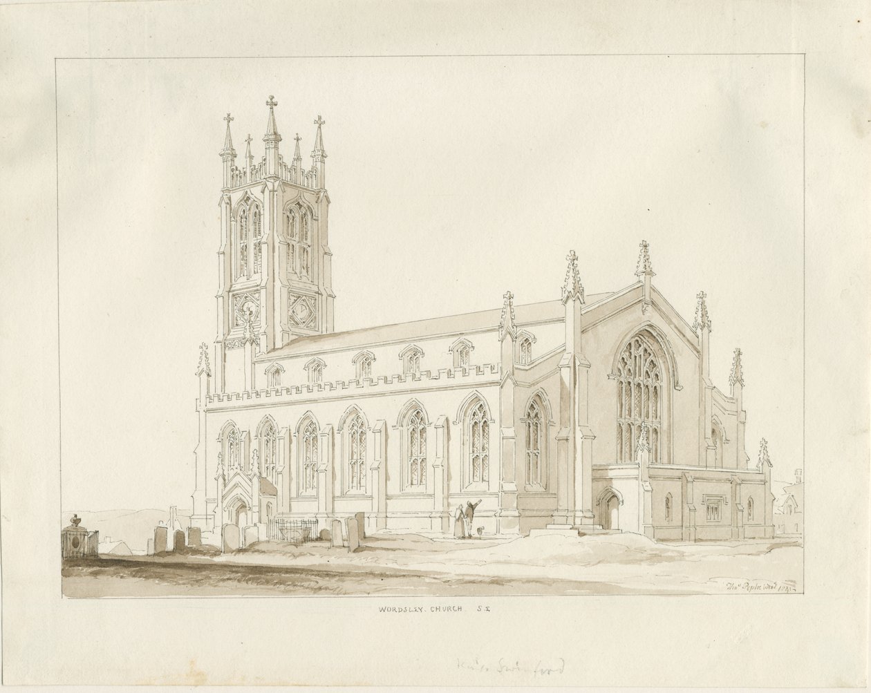 Wordsley Church: sépiová kresba od Thomas Peploe Wood
