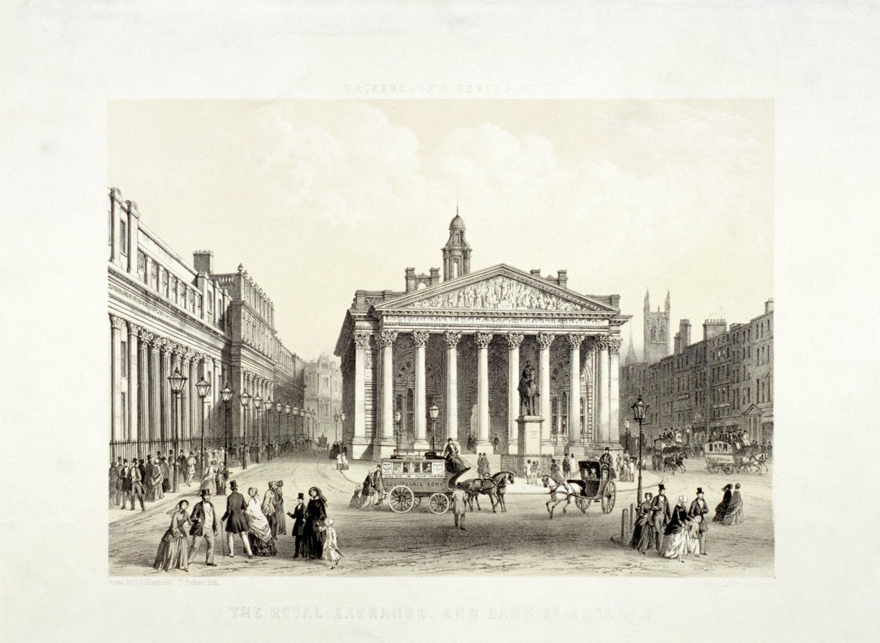 Royal Exchange a Bank of England vlevo, Londýn, 1851 od Thomas Picken