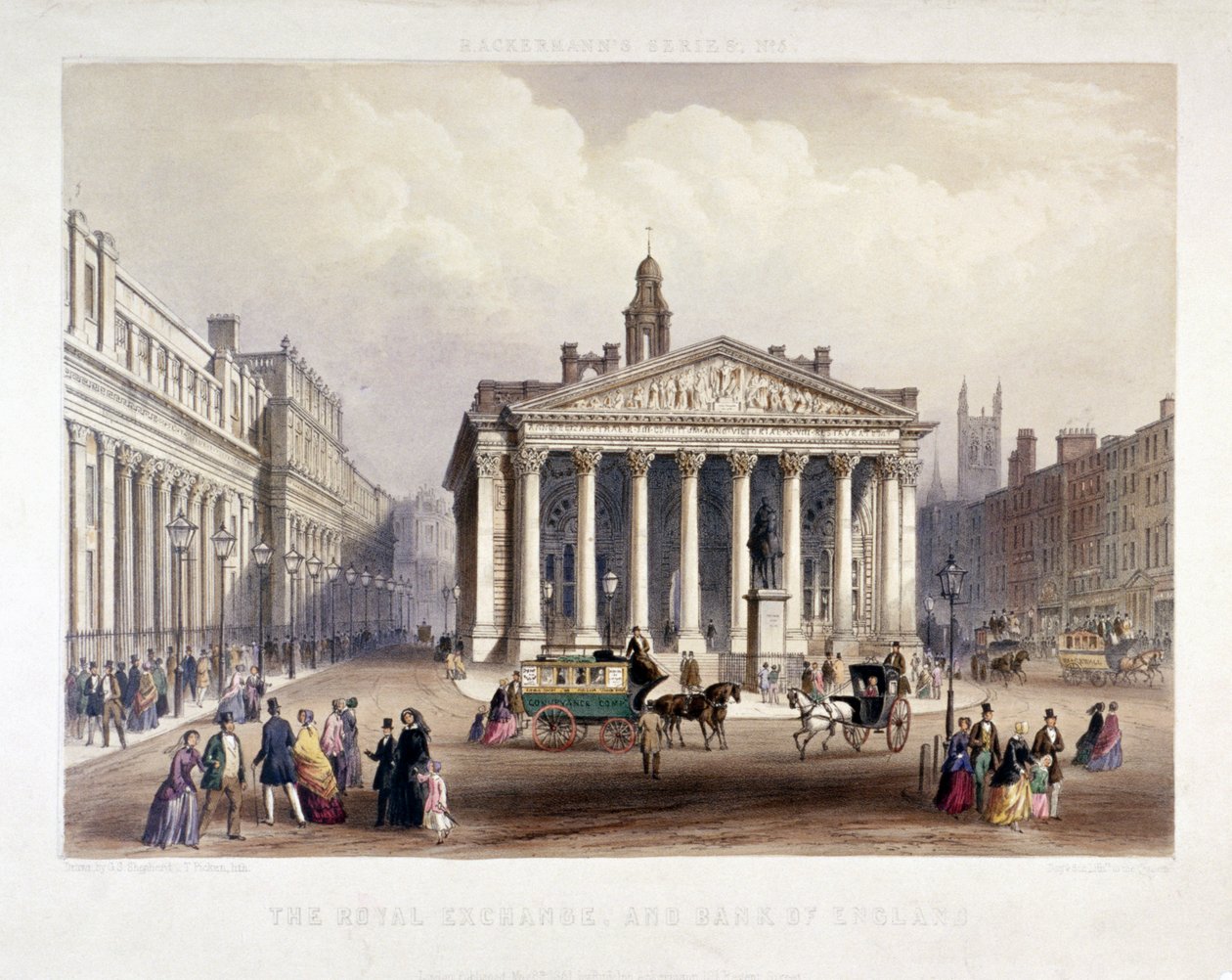 Royal Exchange a Bank of England vlevo, Londýn, 1851 od Thomas Picken