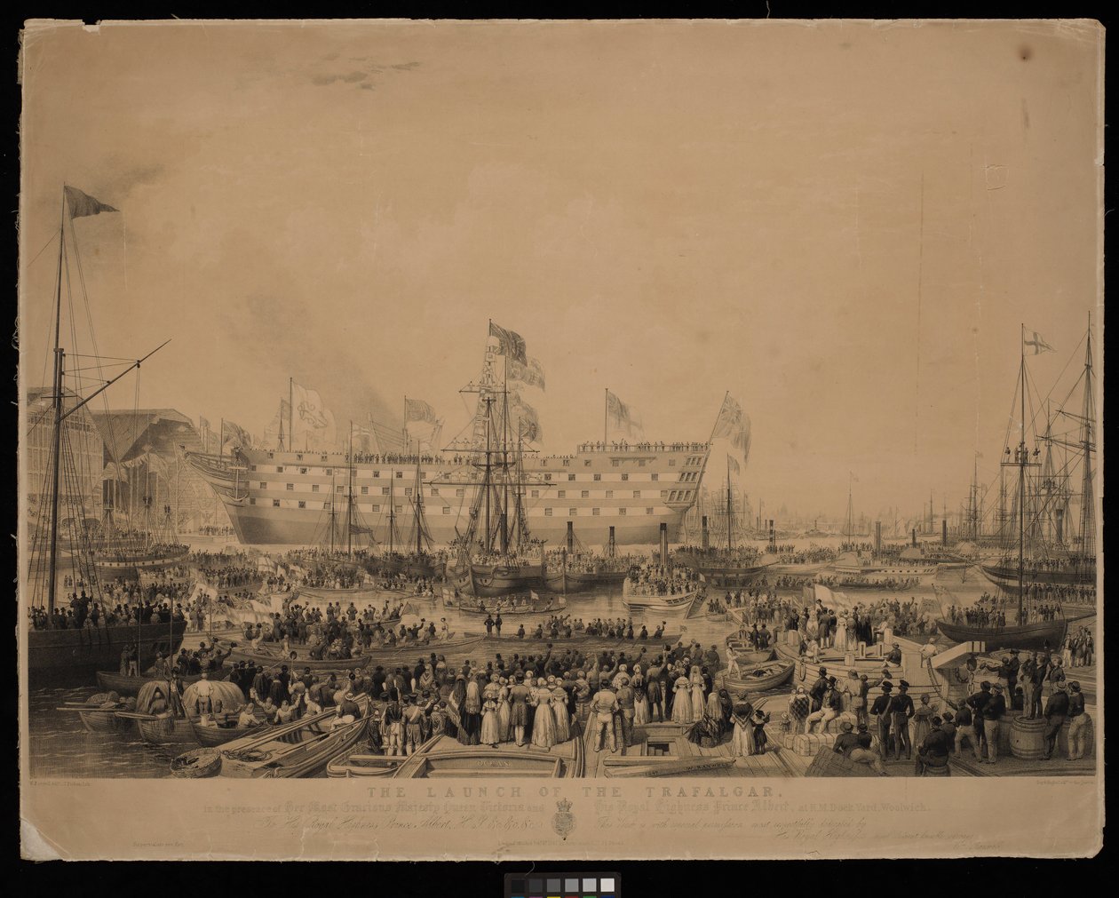 Spuštění lodi Trafalgar na vodu za přítomnosti Jejího Veličenstva královny Viktorie a Jeho královské Výsosti prince Alberta v H.M.Dock Yard ve Woolwichi... od Thomas Picken