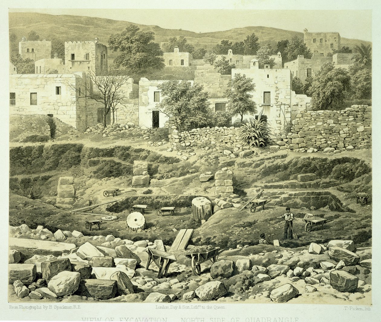Pohled na vykopávky, z „Historie objevů na Helikarnásu, Cnidus a Branchidae“, od Charlese Thomase Newtona (1816-94), vydáno 1862 od Thomas Picken
