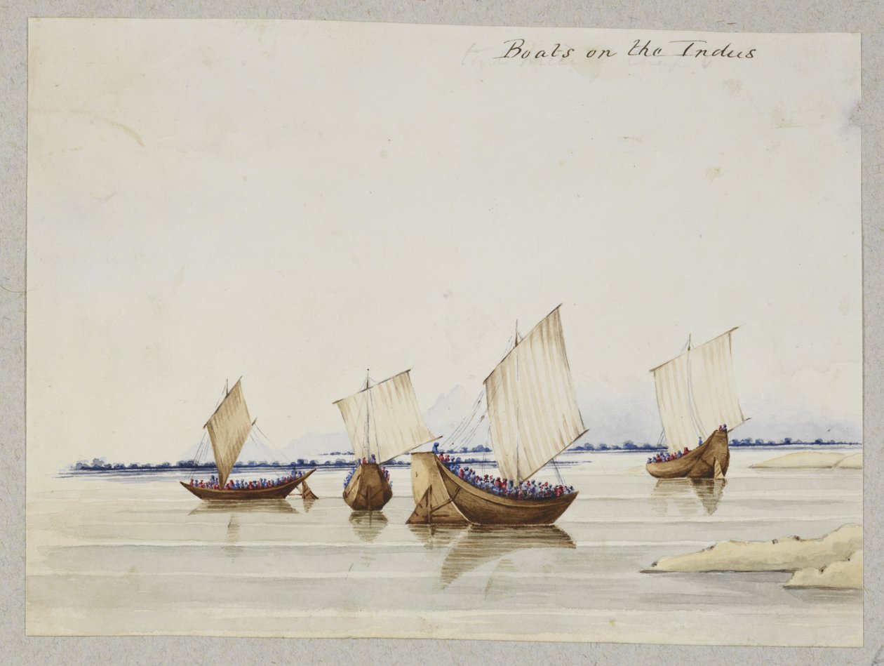 „Boats on the Indus“, album 212 kreseb a 11 litografií zobrazujících kostýmy, povolání, scenérie a budovy v Sind, Cutch a Bombay od Thomas Postans