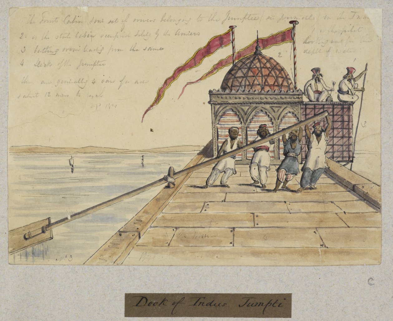 „Paluba Indus Jumpti. T.P. 1841“. Čtyři muži veslující s obřím veslem z „Alba 212 kreseb a 11 litografií zobrazujících kostýmy, povolání, scenérie a budovy v Sind, Cutch a Bombay“ od Thomas Postans