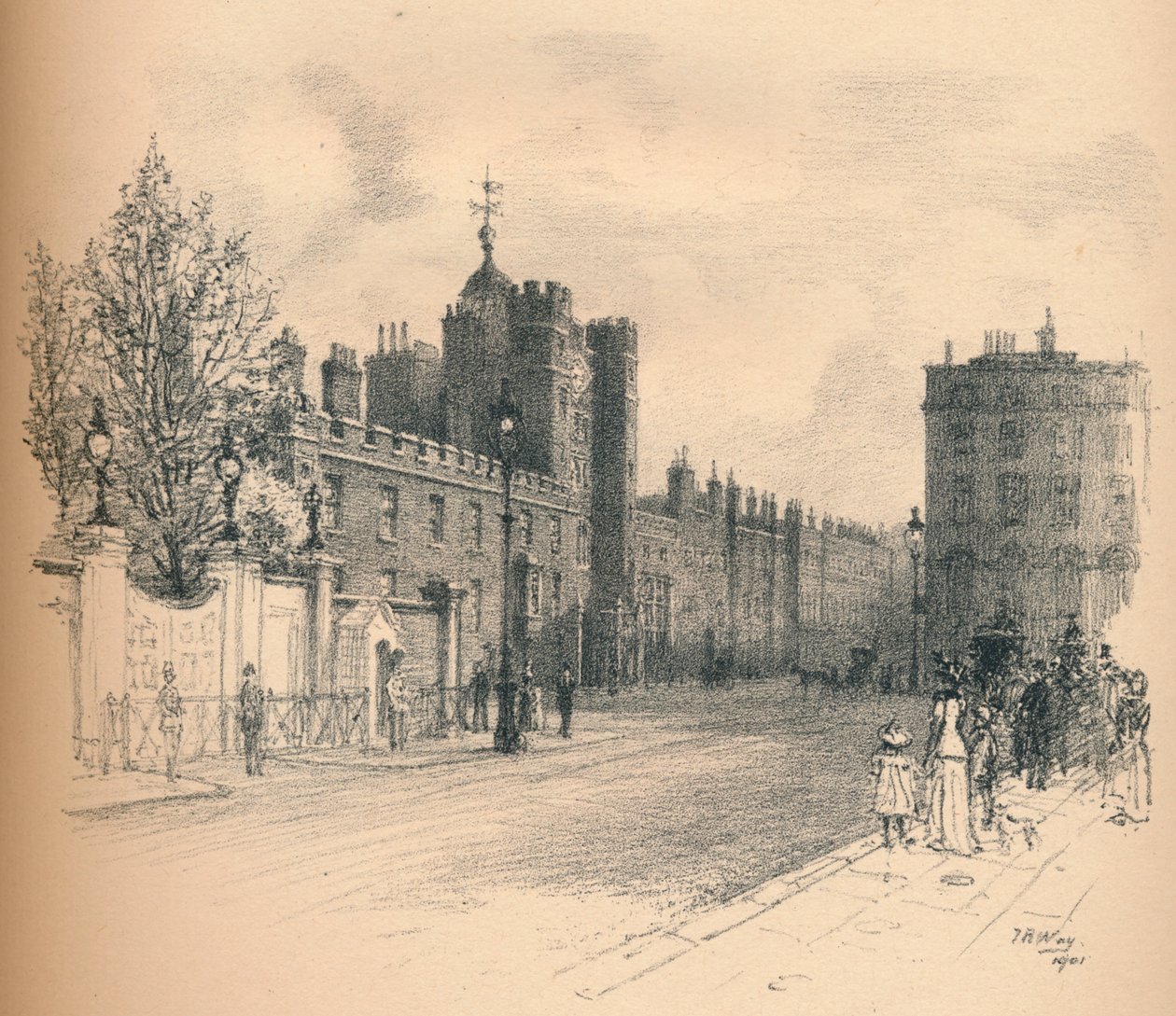 Celkový pohled na Palác svatého Jakuba, z Pall Mall, 1902 od Thomas Robert Way