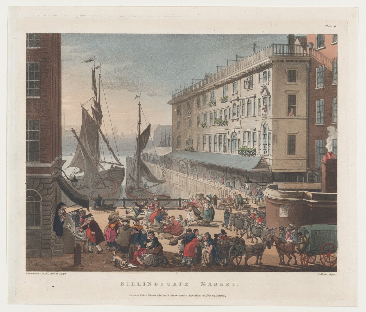 Billingsgate Market, 1. března 1808., 1. března 1808. Tvůrci: Thomas Rowlandson, Augustus Charles Pugin, J. Bluck. od Thomas Rowlandson, Augustus Charles Pugin, J. Bluck