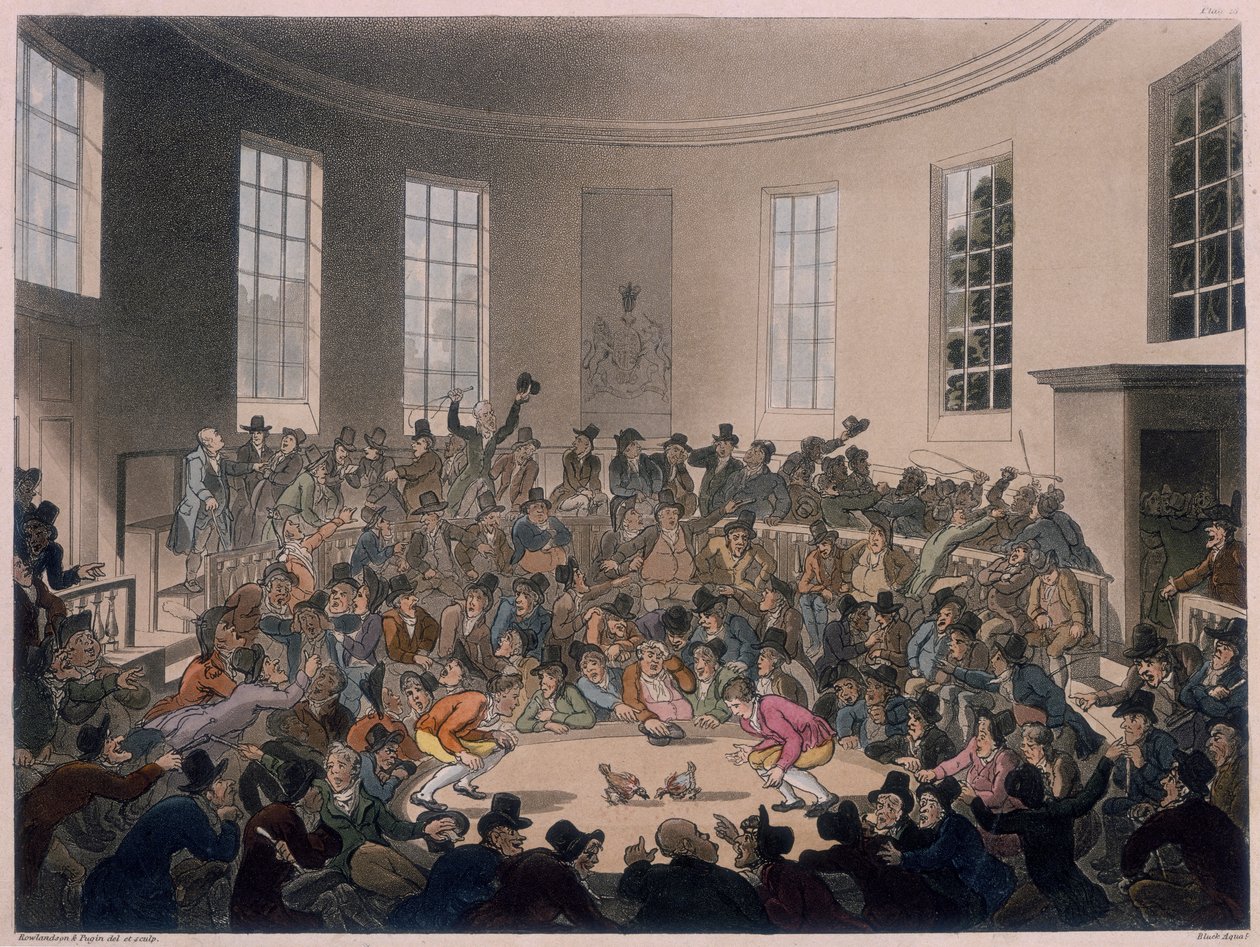 Muži sledující kohoutí zápas, konec 18.-začátek 19. století od Thomas Rowlandson, Augustus Charles Pugin