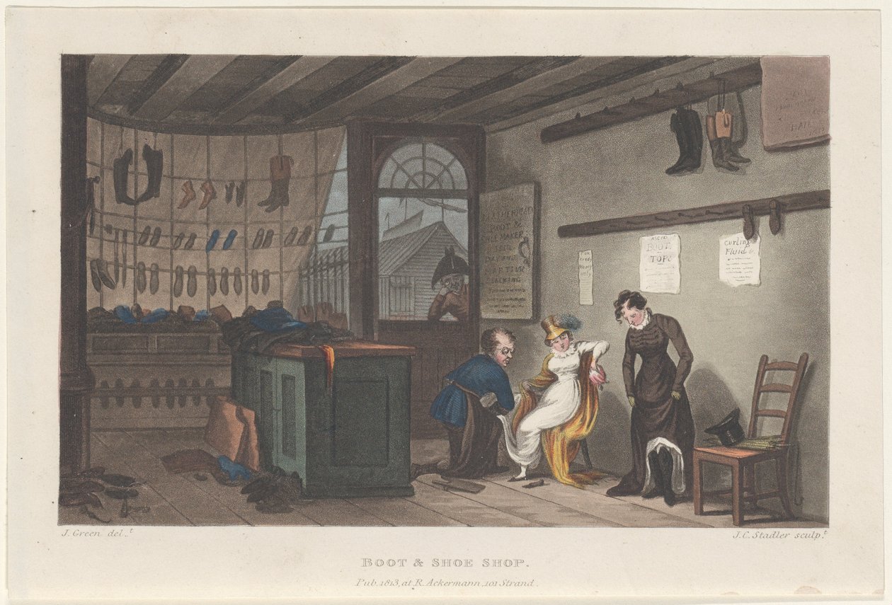 Boot & Shoe Shop, z Poetical Sketches of Scarborough, 1813., 1813. Tvůrci: Thomas Rowlandson, Joseph Constantine Stadler, J. Bluck. od Thomas Rowlandson, Joseph Constantine Stadler, J. Bluck