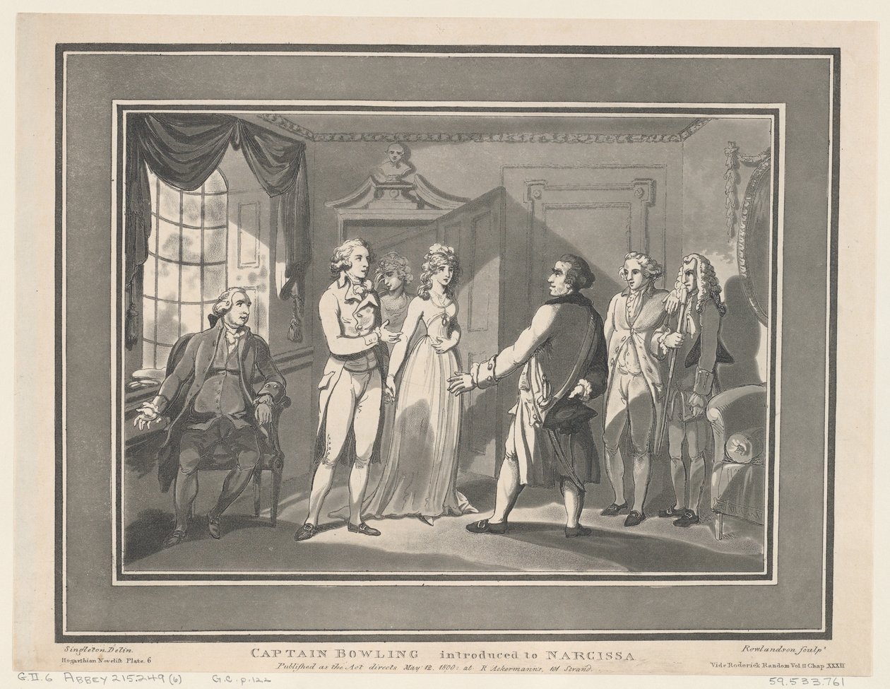 Kapitán Bowling představen Narcisse, 12. května 1800., 12. května 1800. Tvůrci: Thomas Rowlandson, Joseph Constantine Stadler. od ThomasThomas Rowlandson, Joseph Constantine Stadler Thomas Rowlandson, Joseph Constantine Stadler