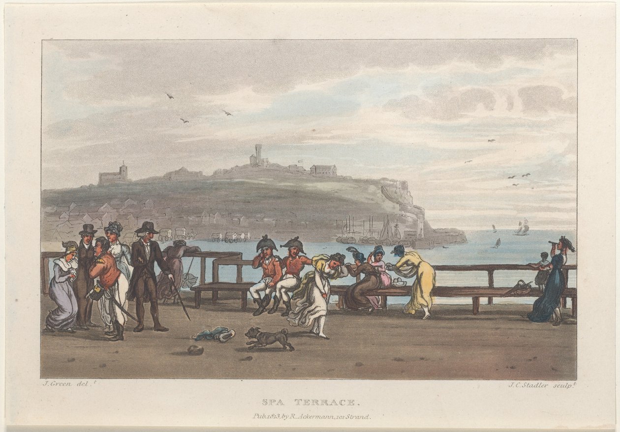 Lázeňská terasa, z Poetical Sketches of Scarborough, 1813., 1813. Tvůrci: Thomas Rowlandson, Joseph Constantine Stadler, J. Bluck. od Thomas Rowlandson, Joseph Constantine Stadler, J. Bluck