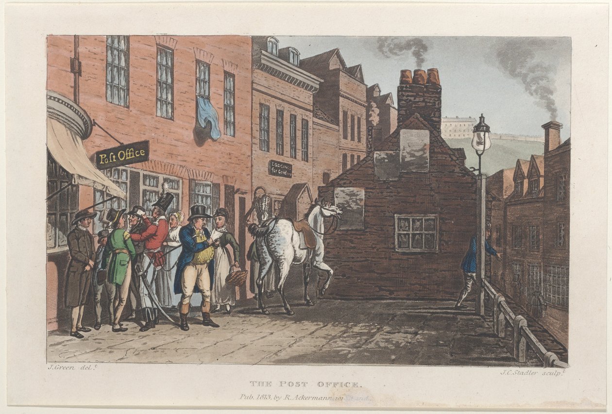 The Post Office, from Poetical Sketches of Scarborough, 1813., 1813. Tvůrci: Thomas Rowlandson, Joseph Constantine Stadler, J. Bluck. od Thomas Rowlandson, Joseph Constantine Stadler, J. Bluck