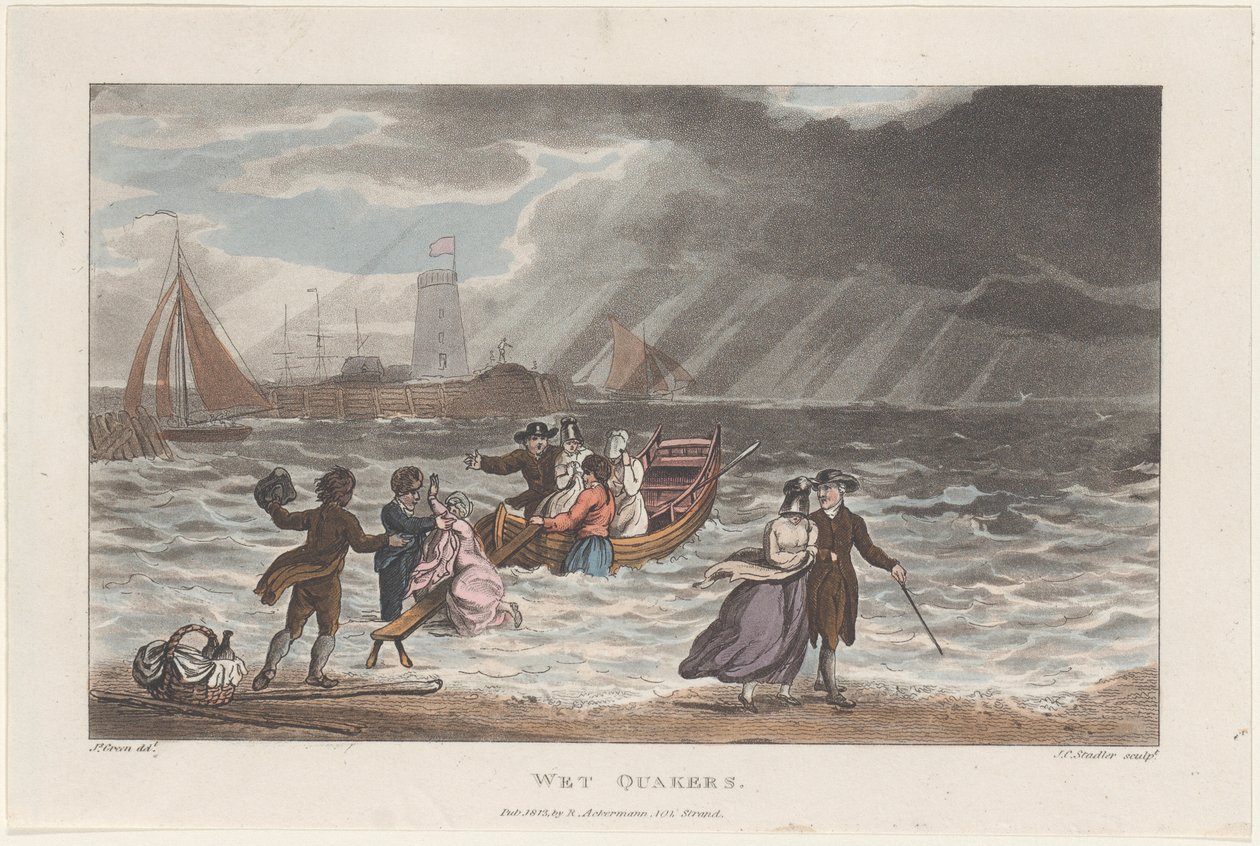 Wet Quakers, from Poetical Sketches of Scarborough, 1813., 1813. Tvůrci: Thomas Rowlandson, Joseph Constantine Stadler, J. Bluck. od Thomas Rowlandson, Joseph Constantine Stadler, J. Bluck