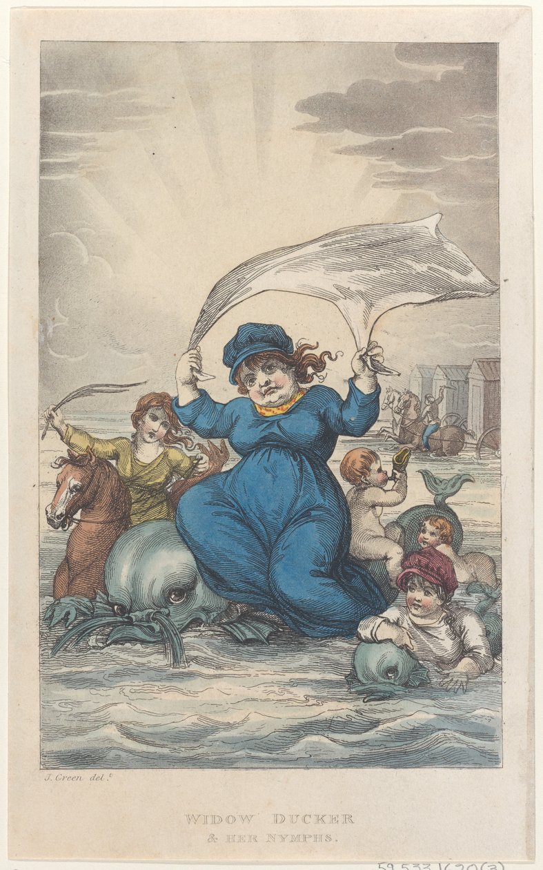 Widow Ducker & Her Nymphs, from Poetical Sketches of Scarborough, 1813., 1813. Tvůrci: Thomas Rowlandson, Joseph Constantine Stadler, J. Bluck. od Thomas Rowlandson, Joseph Constantine Stadler, J. Bluck