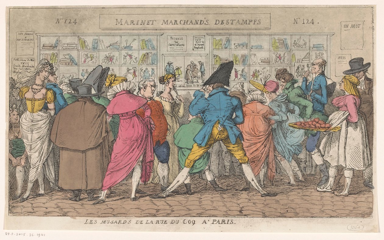 Dav před oknem vydavatele Aarona Martineta v Rue du Coq v Paříži Les musards de la rue du Coq v Paříži (název na objektu) od Thomas Rowlandson (attributed to)
