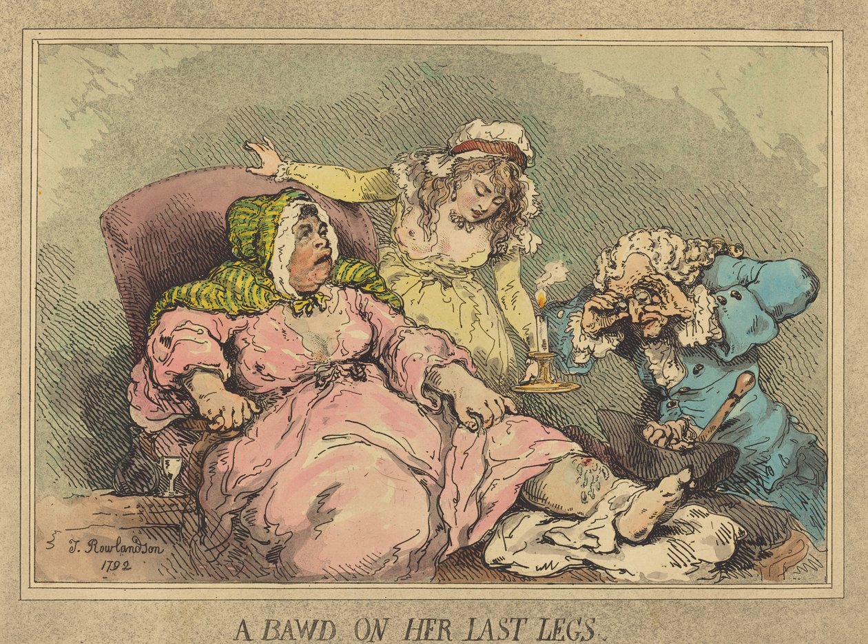 A Bawd on Her Last Legs, 1792 (ručně kolorovaný lept a akvatinta) od Thomas Rowlandson