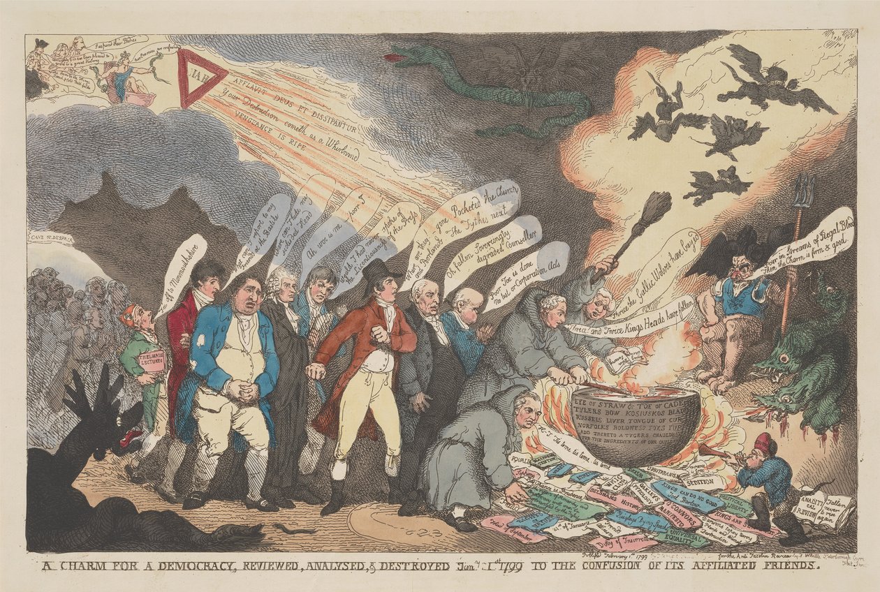 „Kouzlo demokracie“ – recenze, analýza a rozbor, 11. ledna 1799, k zmatku jejích spřízněných příznivců od Thomas Rowlandson