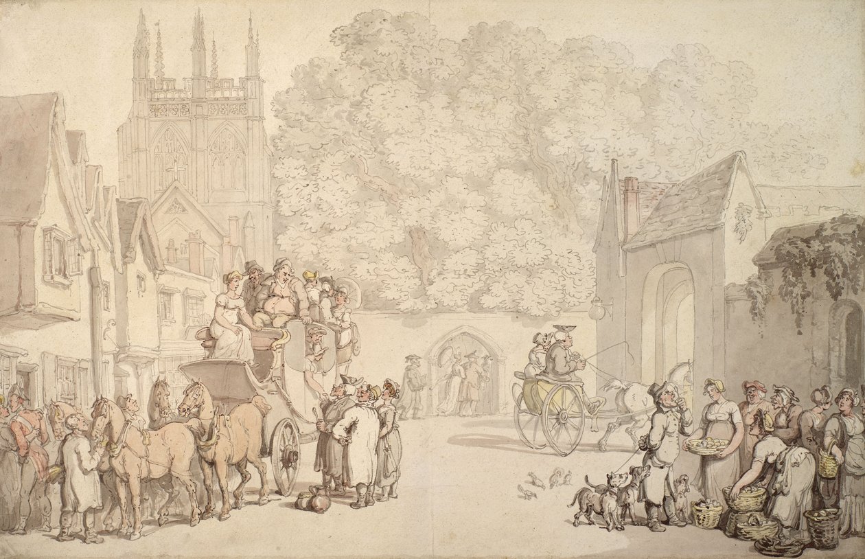 Trenér se připravuje na odchod z Canterbury Gate, Christ Church, Oxford, cca 1810-15 od Thomas Rowlandson