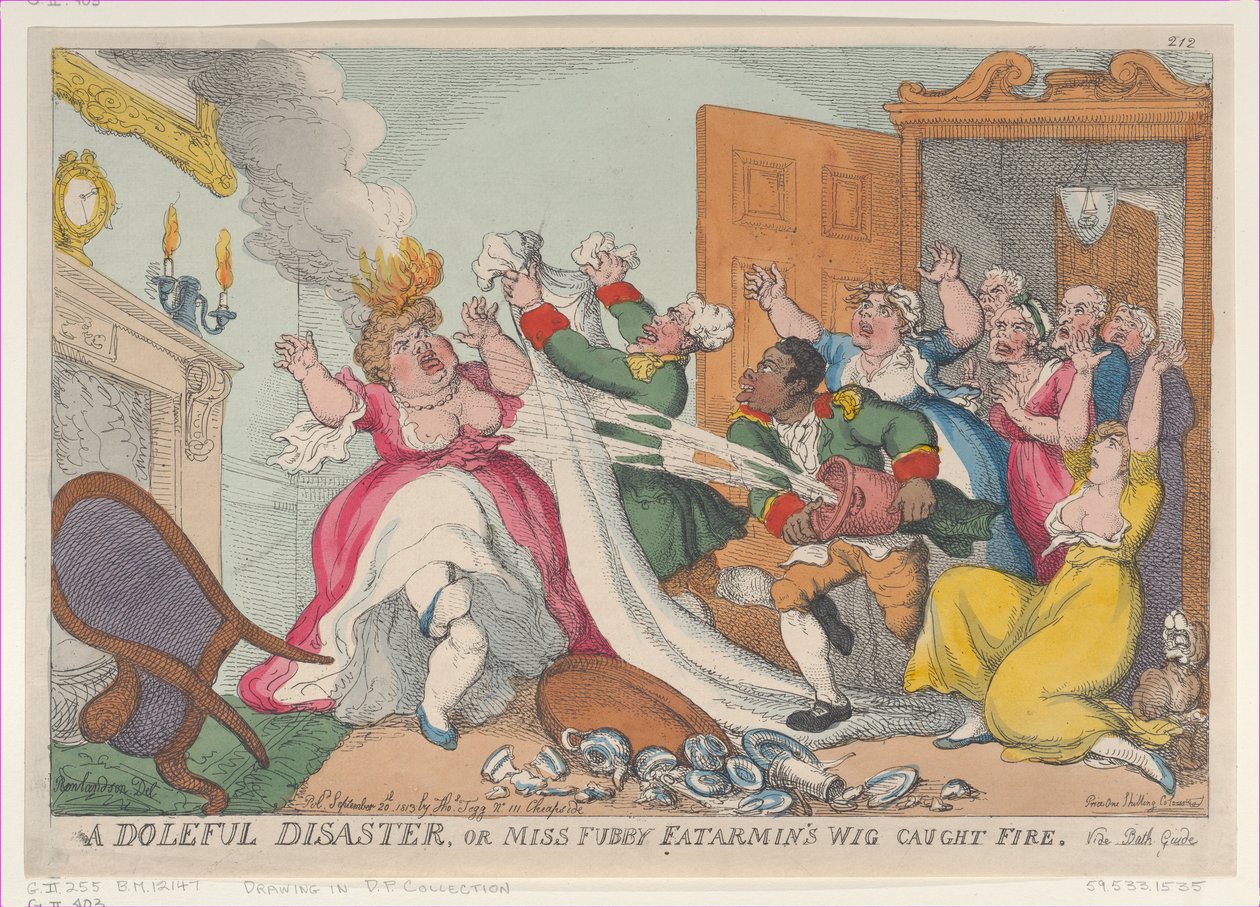 Hrozná katastrofa aneb Zachvátila paruka slečny Fubby Fatarminové, 20. září ..., 20. září 1813. od Thomas Rowlandson